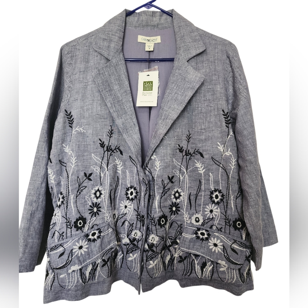 NWT European Flax® Linen Natural Light Blue Embroidered floral lined jacket Med